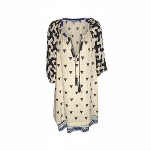 DVF Diane von Furstenberg 100% Silk Tunic Mini Dress Sz 0 Black Ivory Geometric